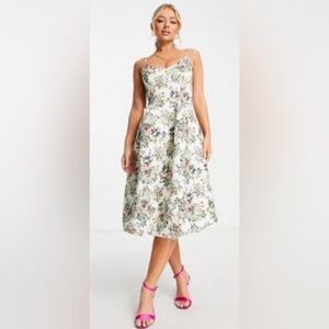 ASOS Design Size 8 White Floral Bubble Hem Midi Formal Prom Bridal Dress